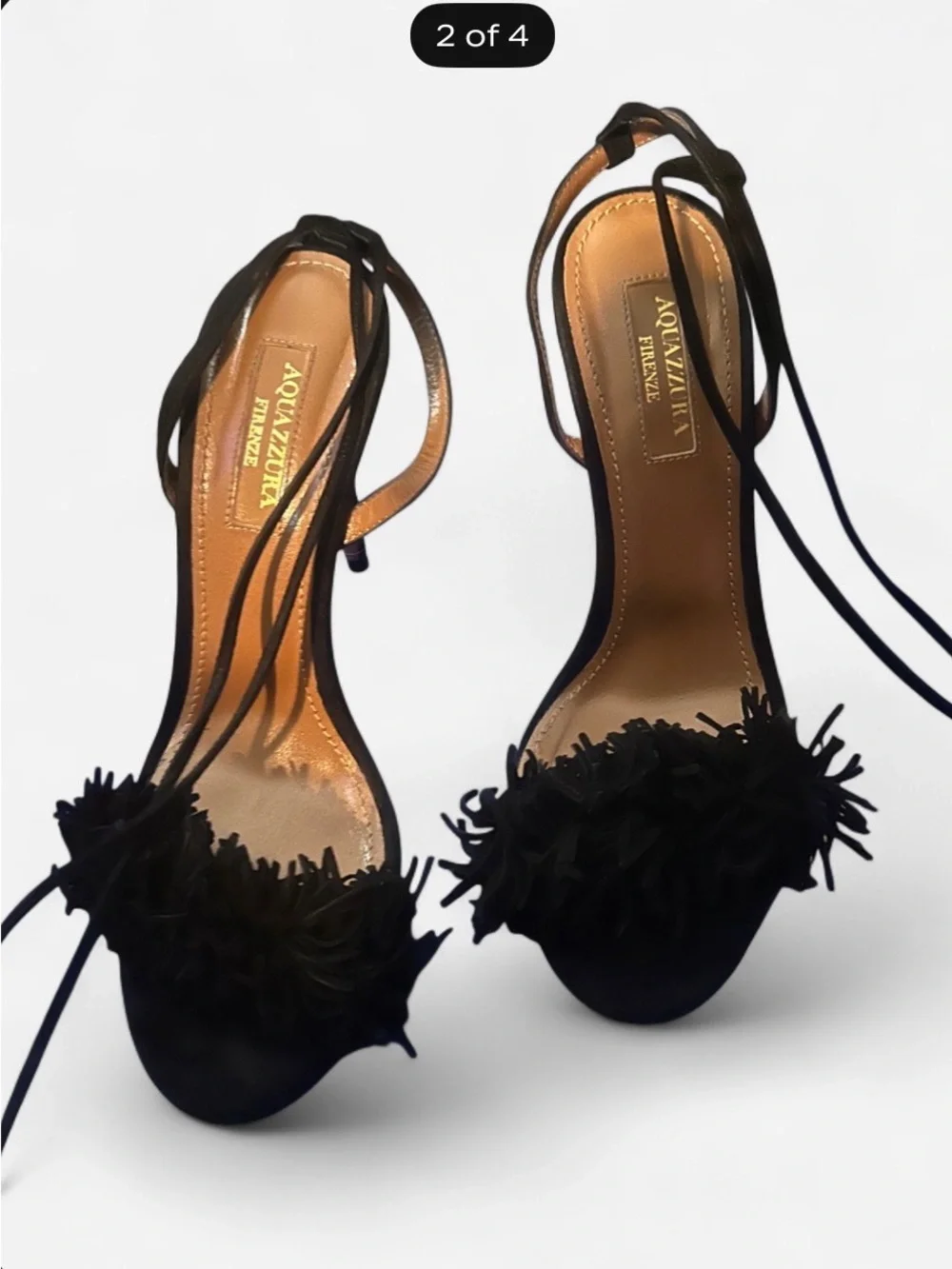 Aquazzura Black Suede Fringe Tie-Ankle Stiletto Sandals